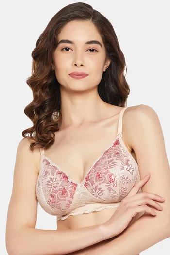 Buy Clovia Padded Non-Wired Full Coverage Lace Bra - Beige at Rs.588 online