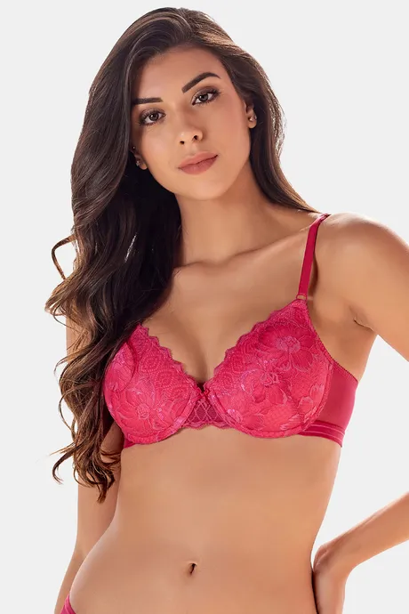Buy Clovia Padded Wired Full Coverage Lace Bra - Pink at Rs.637 online