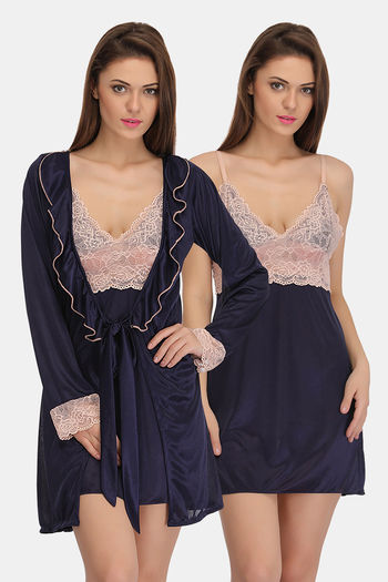 Buy Clovia Satin Knee Length Nightwear Robe Blue at Rs.750