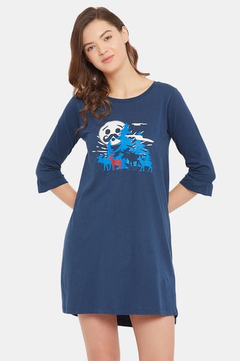 Buy Clovia Cotton Knee Length Nightdress Blue at online