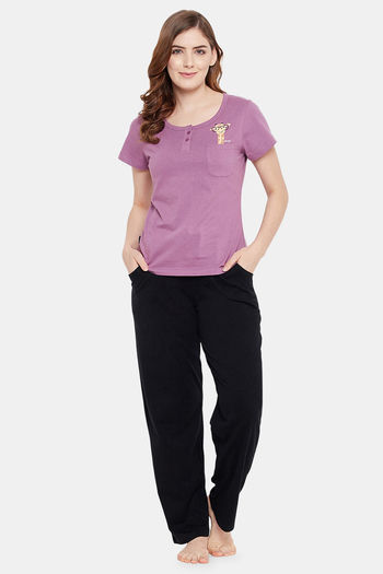 Buy Clovia Cotton Pyjama Set Purple at Rs.2199 online