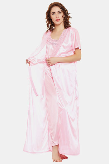 Buy Clovia Satin Nightwear With Robe - Pink