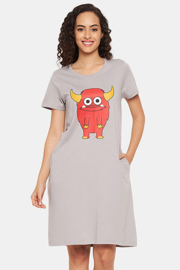 Buy Clovia Cotton Knee Length Nightdress Grey at Rs.1899 online