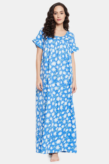 Clovia Cotton Full Length Nightdress Blue