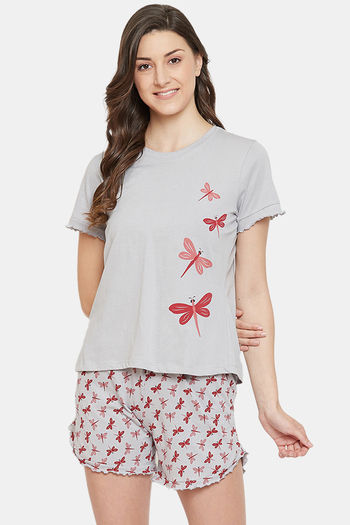 Buy Clovia Cotton Shorts Set Grey at Rs.1599 online Nightwear