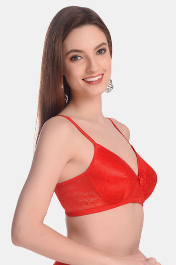 Buy Lotus Leaf Padded Non Wired Full Coverage Lace Bra - Red at Rs