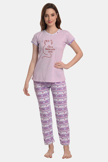 Buy LotusLeaf Relaxed Fit Cotton Cute Print Pyjama Set - Lavendor