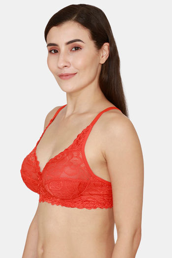 Buy Rosaline Everyday Single Layered Non Wired 3/4th Coverage Sheer Lace Bra  - Cherry Tomato at Rs.315 online