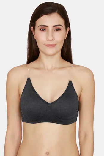 Buy Rosaline Everyday Double Layered Non Wired Medium Coverage T-Shirt Bra With Transparent Straps - Anthracite