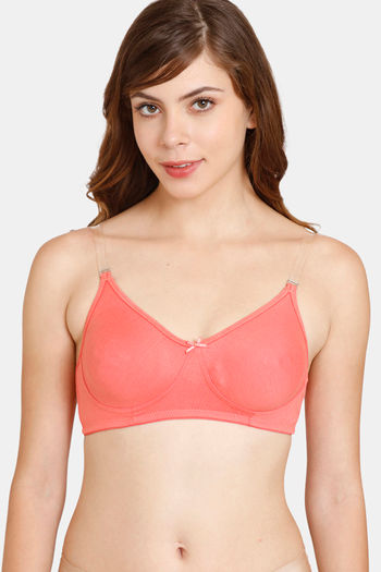 Buy Rosaline Everyday Double Layered Non-Wired Medium Coverage T-Shirt Bra With Transparent Straps - Georgia Peach