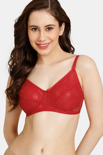Buy Rosaline Everyday Single Layered Non Wired 3/4th Coverage Lace Bra -  Tango Red at Rs.315 online