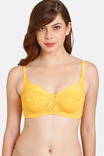 Buy Rosaline Everyday Double Layered Non-Wired 3/4th Coverage Lace Bra - Cadmium Yellow