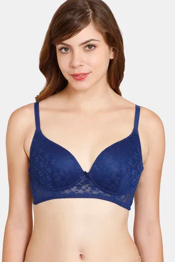 Buy Rosaline Padded Non Wired Medium Coverage Lace Bra - Blue Depth