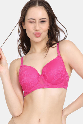Buy Zivame Lace Touch Longline Cage Bra with Cheeky Panty- Red at Rs.1590  online