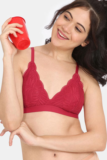 Buy Rosaline City Hearts Double Layered Non Wired Medium Coverage Lace Bra - Salsa