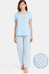 Buy Rosaline Geo Blooms Knit Cotton Pyjama Set - Airy Blue