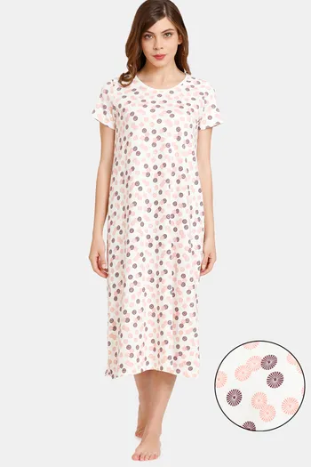 Buy Rosaline Geo Blooms Knit Cotton Mid Length Nightdress - Marshmallow