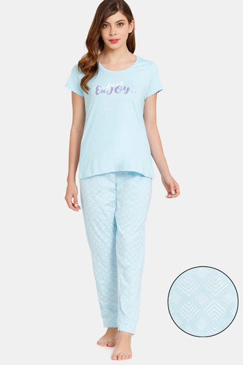 Rosaline Symmetry Knit Cotton Pyjama Set – Crystal Blue