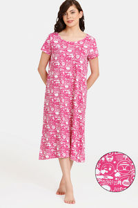Buy Rosaline Emoji Knit Cotton Mid Length Nightdress - Festival Fuchsia