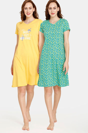 Buy Rosaline Meadows Knit Cotton Knee Length Nightdress (Pack of 2) - Alhambra Citrus