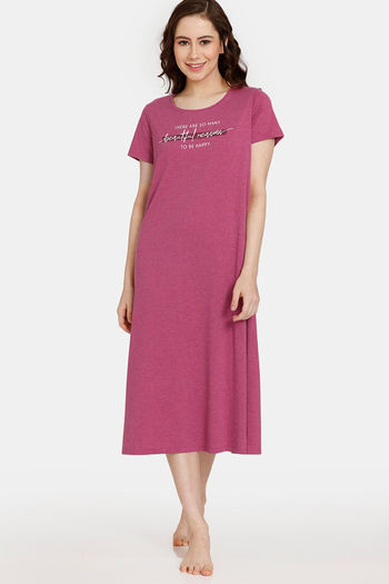Buy Rosaline Rural Charm Knit Cotton Mid Length Nightdress - Fuchsia Red