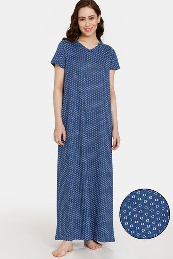 Buy Rosaline Rural Charm Knit Cotton Full Length Nightdress - Navy Peony