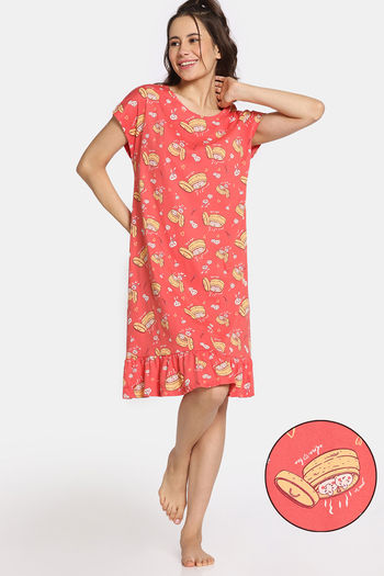Rosaline Bon Appetit Knit Cotton Short Length Nightdress - Deep Sea Coral
