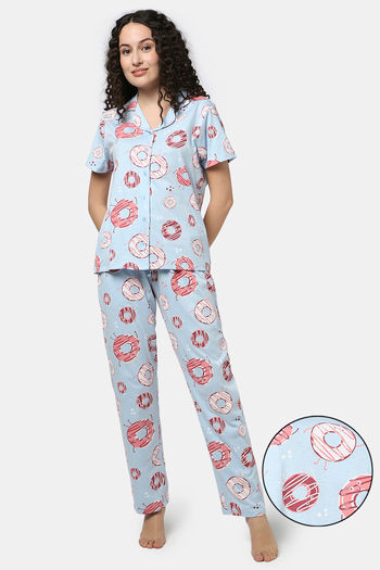 Rosaline Sugar Rush Knit Cotton Pyjama Set - Harbor Blue