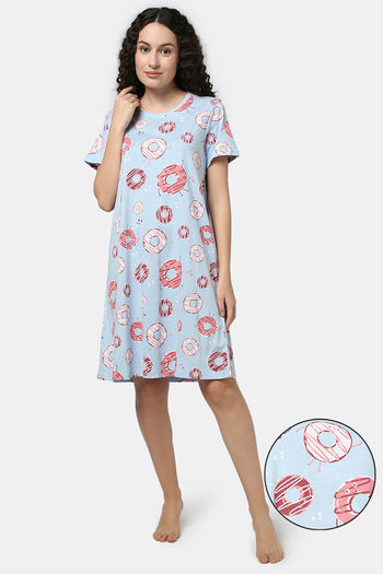 Rosaline Sugar Rush Knit Cotton Knee Length Nightdress - Harbor Blue