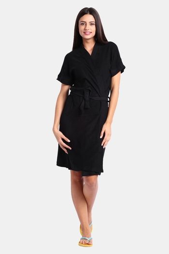 Buy Red Rose Terry Cotton Bathrobes - Black