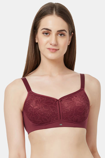 Delicate Lace Bras-Buy Non Wired Padded Maroon Lace Bra Online