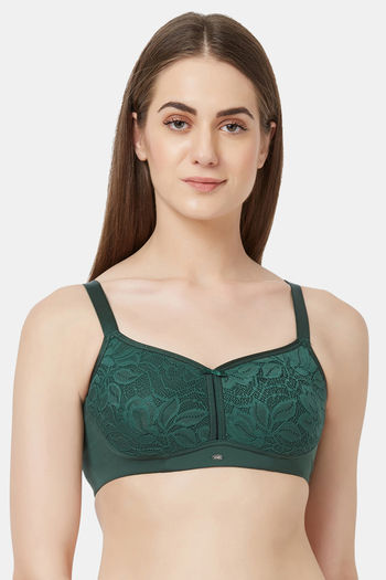 Buy Soie Full Coverage Padded Non-Wired Lace Bra - Green Jungle