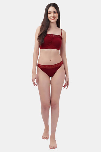 Buy Soie Maroon Lace Non-Padded Full Coverage Bra & Panty Set for