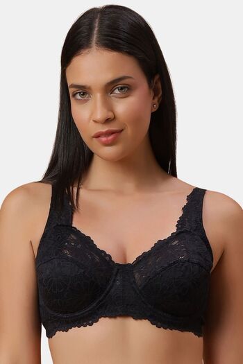 Buy Soie Double Layered Regular Wired Full Coverage Lace Bra - Black