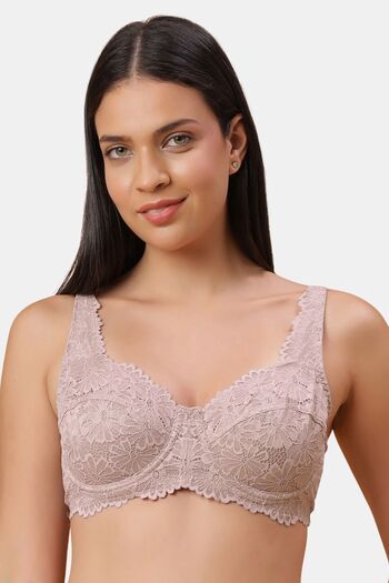 Buy Soie Double Layered Regular Wired Full Coverage Lace Bra - Mushroom