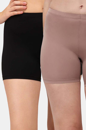 Buy Soie Mid Thigh Length Cycling Shorts (Pack Of 2) - Bark Black