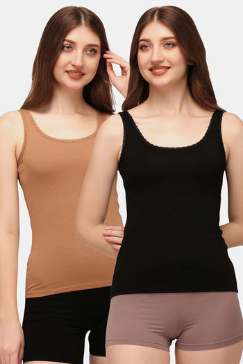 Buy Soie Cotton Elastane Camisole (Pack of 2) - Black Tan at Rs