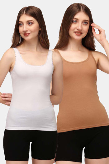 Buy Soie Cotton Elastane Camisole (Pack of 2) - White Tan at Rs