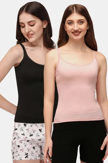 Buy Soie Cotton Elastane Camisole (Pack of 2) - Black Peach at Rs.741 online