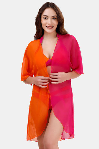 Buy Soie Poly Georgette Front Open Kaftan Cover-Up - Pink Orange