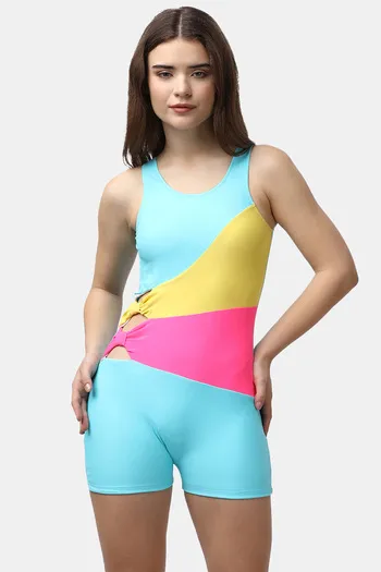 Buy Soie Polyamide Elastane Swimdress with Bow Detailing - Pink Yellow Blue
