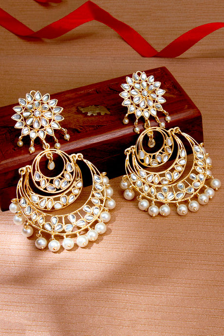 Buy OOMPH Gold Tone Kundan and Pearls Large Chandbali Earrings online