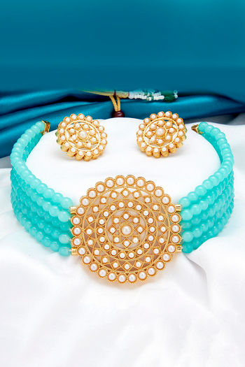 Sukkhi Dazzling Gold Plated Blue Pearl Choker Necklace Set for Women