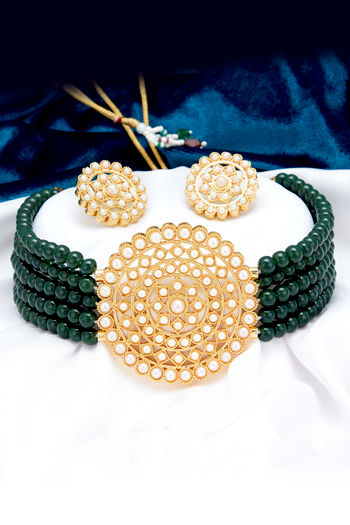 Sukkhi Amazing Gold Plated Dark Green Pearl Choker Necklace Set for Women