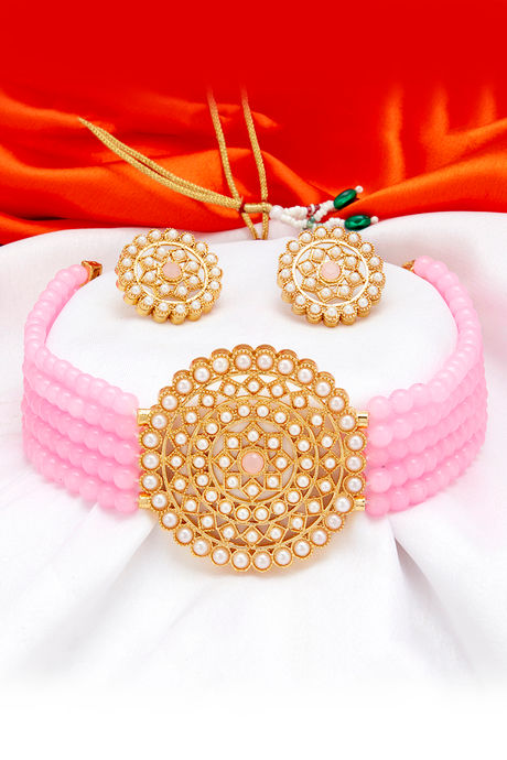 Sukkhi Pink Gold Plated Kundan & Pearl Choker Necklace Set For Women 