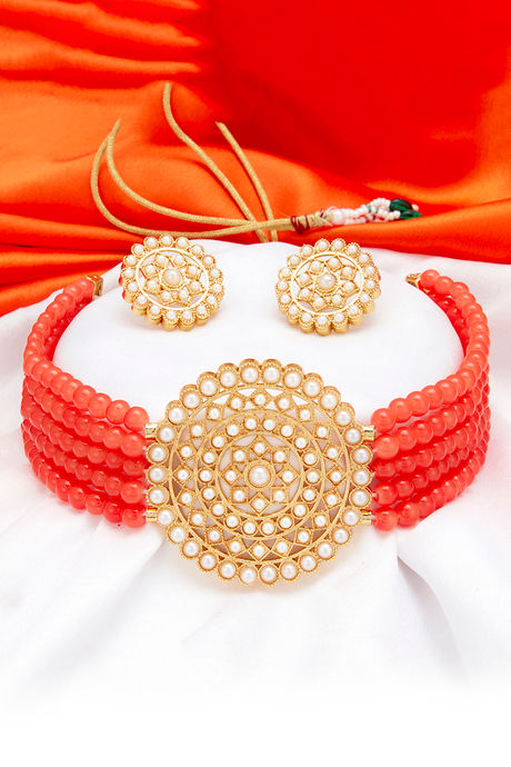 Red Pearl Choker Necklace Set for Women 