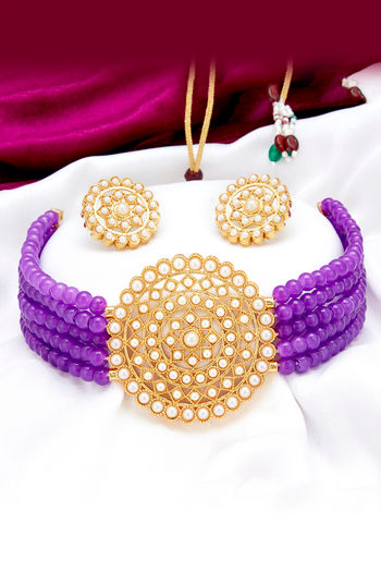Sukkhi Classic Gold Plated Purple Pearl Choker Necklace Set for Women