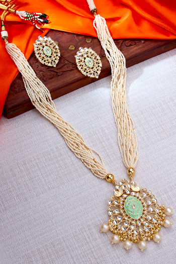 Sukkhi Marvellous Kundan Gold Plated Pearl Mint Necklace Set for Women