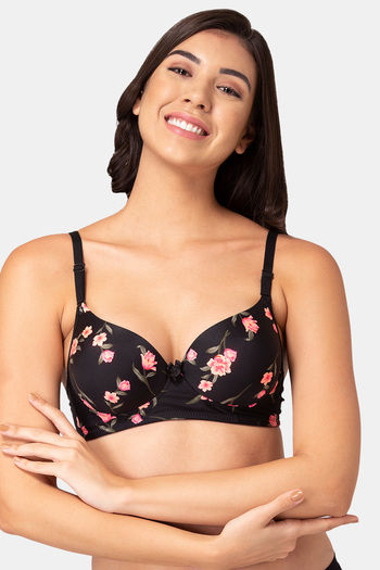 Tweens Padded Non Wired Full Coverage T-Shirt Bra - Black Floral Printed