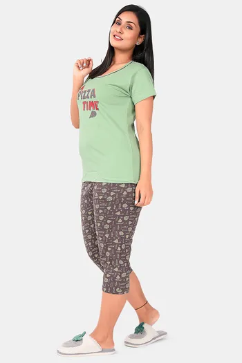 Buy Sweet Moon Knit Cotton Capri Set - Pista And Brown Combination
